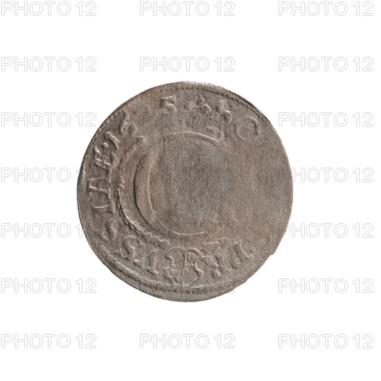 szelag, Ernest Pfahler, George William Hohenzollern (Elector of Brandenburg; Prince of Prussia; 1620–1640), eagles, rosettes, Hohenzollern (coat of arms). Obverse: Prussian eagle, on its chest a crowned letter S; in the rim between the borders an inscription beginning with a heart — the hallmark GE, ILH.MAR., .EL. Reverse: monogram composed of the letters GW; in the rim between the borders an inscription divided by the Hohenzollern coat of arms +SO, .PR - VSSIAE.1625. Date: 1625. Place: Ducal Prussia (1525–1701), Königsberg. Object: coin (szelag); diameter 16.3 mm, weight 0.53 g, axis 0°.