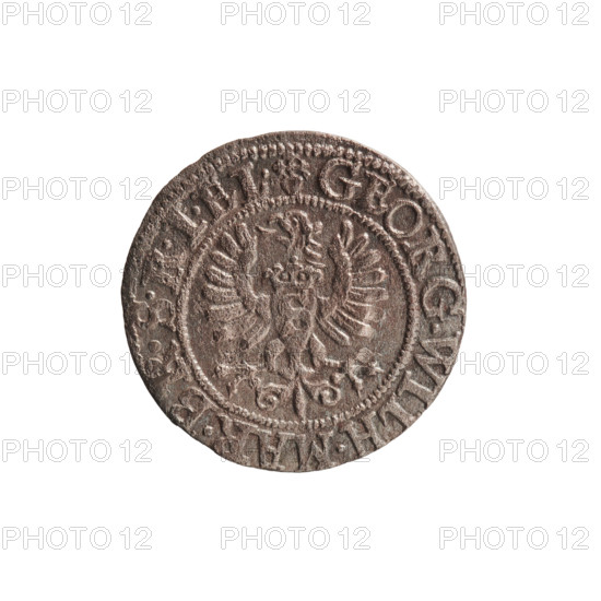 szelag, George William Hohenzollern (Elector of Brandenburg; Prince of Prussia; 1620–1640), eagles, rosettes, Hohenzollern (coat of arms). Obverse: Prussian eagle with crowned letter S on its chest; in the rim between borders an inscription beginning with a heart: GEORG.WILH.MAR.BR.SRIEL. Reverse: monogram composed of the letters GW; in the rim between borders an inscription beginning with a rosette, divided by the Hohenzollern coat of arms: SOLIDVS.PR - VSSIAE.1625. Date: 1625. Place: Ducal Prussia (1525–1701), Königsberg. Coin; diameter 16.2 mm; weight 0.57 g; axis 0°.