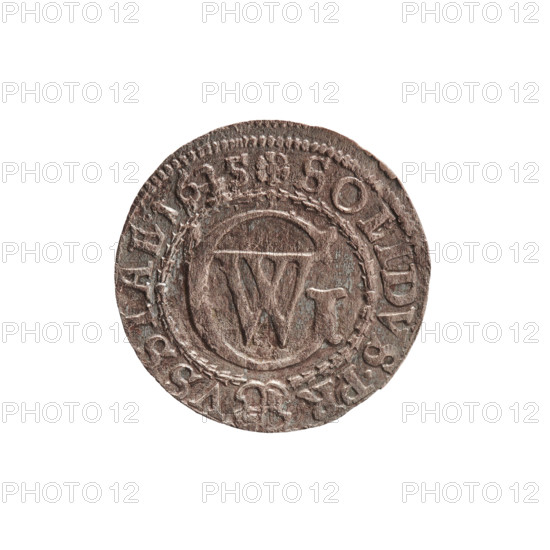 szelag, Pfahler, Ernest; George William Hohenzollern (Elector of Brandenburg; Prince of Prussia; 1620–1640); obverse: Prussian eagle with crowned letter S on its chest; in the rim between the borders an inscription beginning with a heart: GEORG.WILH.MAR.BR.SRIEL.; reverse: monogram composed of the letters GW; in the rim between the borders an inscription beginning with a rosette, divided by the Hohenzollern coat of arms: SOLIDVS.PR - VSSIAE.1625; date: 1625; place: Ducal Prussia (1525–1701), Königsberg; coin; diameter 16.2 mm; weight 0.57 g; axis 0°.