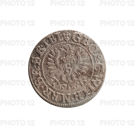 szelag by Ernest Pfahler. Obverse: Prussian eagle with crowned letter S on its chest; rim inscription beginning with a heart: GEORG.WILH.MAR.BR.SRIEL. Reverse: monogram composed of the letters GW; rim inscription divided by the Hohenzollern coat of arms: SOLIDVS.PR - VSSI. Date: 1626. Issued in Ducal Prussia (1525–1701), Königsberg. Coin, diameter 16.1 mm, weight 0.62 g, axis 0°.