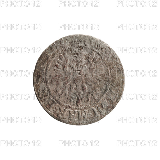 szelag; Ernest Pfahler; coin of George William Hohenzollern (Elector of Brandenburg; Prince of Prussia; 1620–1640); Ducal Prussia (1525–1701), Königsberg, 1626; obverse: Prussian eagle with crowned letter S on its chest, rim inscription beginning with a heart hallmark H.MAR.BR, EL. Rw.; reverse: monogram composed of letters GW and rim inscription divided by the Hohenzollern coat of arms SOLIDVS.PR - VSSIAE.1626; motifs: eagles, rosettes, Hohenzollern coat of arms; coin diameter 16.1 mm, weight 0.43 g, axis 0°