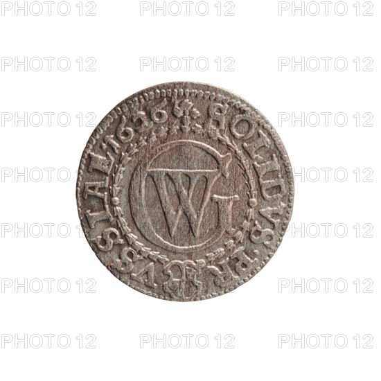 szelag (coin), 1626, Ducal Prussia (1525–1701), Königsberg. Obverse: Prussian eagle with crowned letter S on its chest; rim inscription beginning with a heart and reading GEORG.WILH.MAR.BR.SRIEL. Reverse: monogram composed of the letters GW; rim inscription divided by the Hohenzollern coat of arms +SOLIDVS.PR - VSSIAE. Design elements include eagles, rosettes, and the Hohenzollern coat of arms. Diameter 16.3 mm, weight 0.55 g, axis 0°. Maker: Ernest Pfahler.