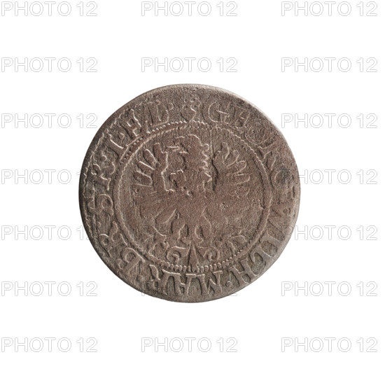 szelag, Ernest Pfahler, George William Hohenzollern (Elector of Brandenburg; Prince of Prussia; 1620–1640), eagles, Hohenzollern (coat of arms), rosettes. Obverse: Prussian eagle, on its chest the crowned letter S; in the rim between the borders an inscription beginning with a heart: GEORG.WILH.MAR.BR.SRIEL. Reverse: monogram composed of the letters GW; in the rim between the borders an inscription divided by the Hohenzollern coat of arms: SOLIDVS.PR - VSSIAE.1626. Date: 1626. Place: Ducal Prussia, Königsberg. Object: coin (szelag). Diameter 16.3 mm; weight 0.60 g; axis 0 degrees.