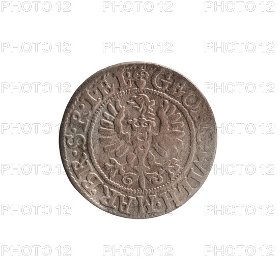szelag; maker: Pfahler, Ernest; subject: George William Hohenzollern (Elector of Brandenburg; Prince of Prussia; 1620–1640); motifs: eagles, rosettes, Hohenzollern coat of arms; obverse: Prussian eagle with crowned letter S on its chest; rim inscription beginning with a heart: GEORG.WILH.MAR.BR.SRIEL; reverse: monogram composed of the letters GW; rim inscription divided by the Hohenzollern coat of arms: SOLIDVS.PR - VSSIAE.1626; date: 1626; place: Königsberg, Ducal Prussia (1525–1701); object type: coin (szelag); dimensions: diameter 16.1 mm, weight 0.52 g, axis 0°.