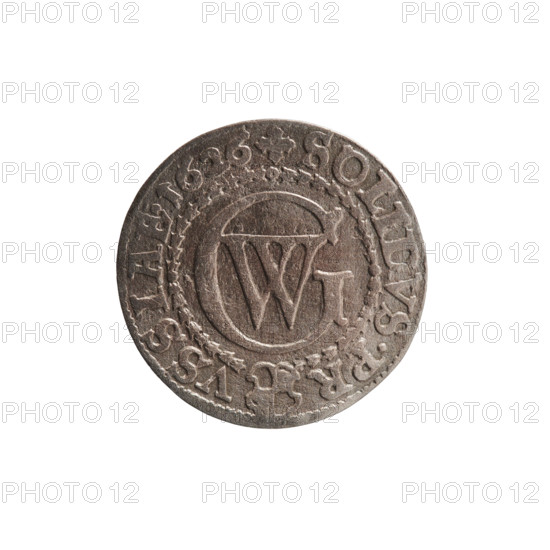 szelag, Pfahler, Ernest, George William Hohenzollern (Elector of Brandenburg; Prince of Prussia; 1620–1640). Obverse: Prussian eagle, on its chest a crowned letter S; in the rim between borders an inscription beginning with a heart — GEORG.WILH.MAR.BR.SRIEL. Reverse: monogram composed of the letters GW; in the rim between the borders an inscription divided by the Hohenzollern coat of arms SOLIDVS.PR–VSSIAE. Date: 1626, Königsberg, Ducal Prussia (1525–1701). Coin; diameter 16.1 mm, weight 0.52 g, axis 0°.