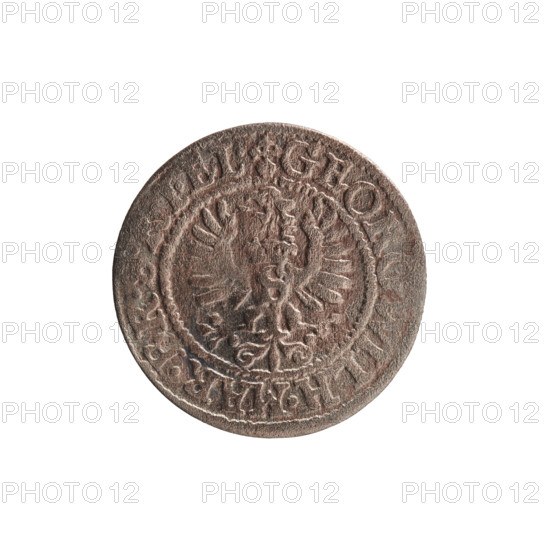 Szelag, obverse: Prussian eagle with crowned letter S on its chest; rim inscription beginning with a heart - the hallmark GEORG, ILH.M, .RSRIEL. Reverse: monogram composed of the letters GW; rim inscription divided by the Hohenzollern coat of arms SOLID, .PR - VS, 26, 1626. Maker: Pfahler, Ernest. Subject: George William Hohenzollern (Elector of Brandenburg; Prince of Prussia; 1620–1640). Hohenzollern coat of arms and rosettes. Ducal Prussia (1525–1701), Königsberg. Coin, diameter 16.3 mm, weight 0.52 g, axis 0°.