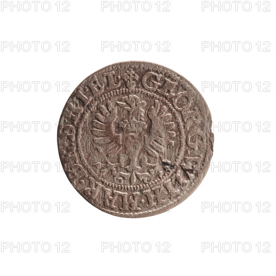 szelag; maker: Ernest Pfahler. Obverse: Prussian eagle with crowned letter S on its chest; rim inscription GEORG.WILH.MAR.BR.SRIEL. Reverse: monogram composed of the letters GW; rim inscription divided by the Hohenzollern coat of arms SOLIDVS.PR - VSSIAE.1626. Motifs: eagles, Hohenzollern coat of arms, rosettes. Date: 1626. Place: Königsberg, Ducal Prussia (1525–1701). Coin; diameter 16.1 mm; weight 0.53 g; axis 0°.