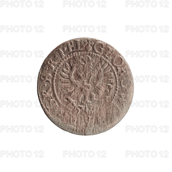 szelag by Ernest Pfahler; coin (Ducal Prussia, Königsberg), 1627. Obverse: Prussian eagle with crowned letter S on its chest; rim inscription beginning with a heart: GEORG.WI .MAR.BR.SRIEL. Reverse: monogram composed of the letters GW; rim inscription beginning with a rosette, divided by the Hohenzollern coat of arms: SOLIDVS.PR - VSSIAE.1627. Features: eagles, rosettes, Hohenzollern coat of arms. Diameter 16.2 mm, weight 0.57 g, axis 0°.