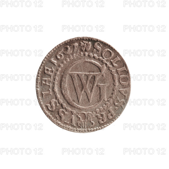 szelag by Ernest Pfahler, 1627. Coin (Ducal Prussia, Königsberg), diameter 16.2 mm, weight 0.57 g, axis 0°. Obverse: Prussian eagle bearing on its chest the crowned letter S; in the rim between borders an inscription beginning with a heart and the hallmark GEORG.WI... MAR.BR.SRIEL. Reverse: monogram composed of the letters GW; in the rim between borders an inscription beginning with a rosette, divided by the Hohenzollern coat of arms SOLIDVS.PR - VSSIAE.1627. Subjects: George William Hohenzollern (Elector of Brandenburg; Prince of Prussia, 1620–1640), eagles, rosettes, Hohenzollern coat of arms.