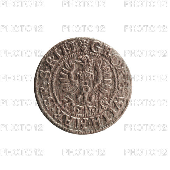 szelag, Obverse: Prussian eagle with crowned letter S on its chest; in the rim an inscription beginning with a heart - GEORG.WILH.MAR.BR.SRIEL. Reverse: monogram composed of the letters GW; in the rim an inscription divided by the Hohenzollern coat of arms +SOLIDVS.PR - VSSIAE.1626. Features: eagles, Hohenzollern coat of arms, rosettes. Maker/person: George William Hohenzollern (Elector of Brandenburg; Prince of Prussia; 1620–1640). Date/place: 1626, Ducal Prussia (Königsberg). Object: coin (szelag), diameter 16.3 mm, weight 0.62 g, axis 0 degrees.