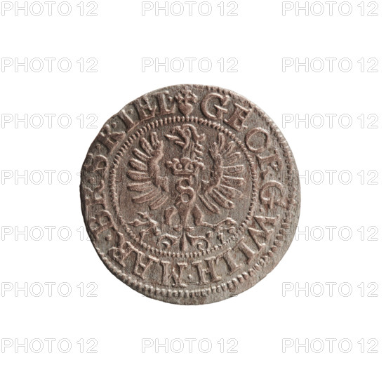 szelag; Ernest Pfahler; Obv.: Prussian eagle, on its chest the crowned letter S; in the rim between the borders an inscription beginning with a heart — GEORG.WILH.MAR.BR.SRIEL; Rv.: monogram composed of the letters GW; in the rim between the borders an inscription divided by the Hohenzollern coat of arms +SOLIDVS.PR - VSSIAE.1626; dated 1626; maker/issuer: George William Hohenzollern (Elector of Brandenburg; Prince of Prussia; 1620–1640); place: Ducal Prussia, Königsberg; Hohenzollern coat of arms, eagles, rosettes; coin (szelag), diameter 16.3 mm, weight 0.65 g, axis 0°.