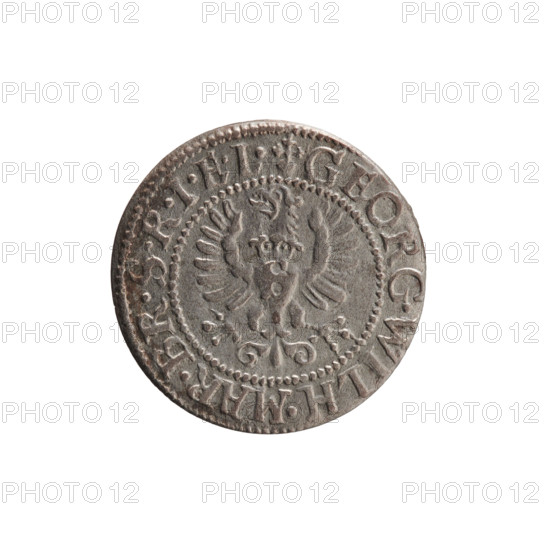 szelag, George William Hohenzollern (Elector of Brandenburg; Prince of Prussia; 1620–1640), eagles, Hohenzollern (coat of arms), rosettes. Obverse: Prussian eagle, on its chest the crowned letter S; in the rim between borders an inscription beginning with a heart - GEORG.WILH.MAR.BR.SRIEL. Reverse: monogram composed of the letters GW; in the rim between borders an inscription beginning with a rosette, divided by the Hohenzollern coat of arms SOLIDVS.PR - VSSIAE.1627. Date: 1627. Place: Königsberg, Ducal Prussia (1525–1701). Coin: diameter 16.2 mm, weight 0.65 g, axis 0°.