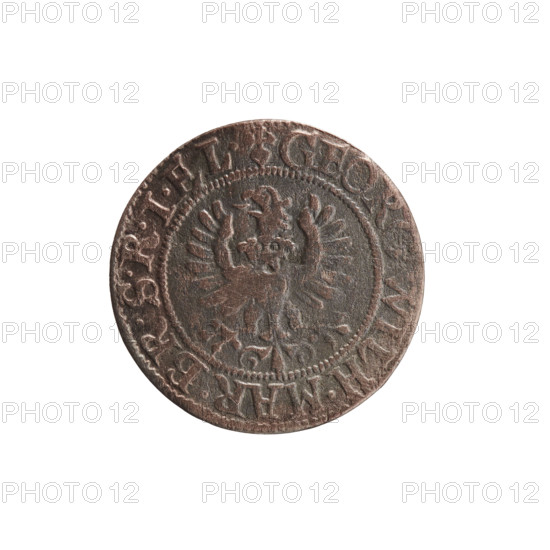 szelag, Pfahler, Ernest; George William Hohenzollern (Elector of Brandenburg; Prince of Prussia; 1620–1640); obverse: Prussian eagle, on its chest the crowned letter S; in the rim between the borders an inscription beginning with a heart — GEORG.WILH.MAR.BR.SRIEL; reverse: monogram composed of the letters GW; in the rim between the borders an inscription beginning with a rosette, divided by the Hohenzollern coat of arms — SOLIDVS.PR — VSSIA; date 1626; Königsberg, Ducal Prussia (1525–1701); coin; diameter 16.2 mm; weight 0.70 g; axis 0°.