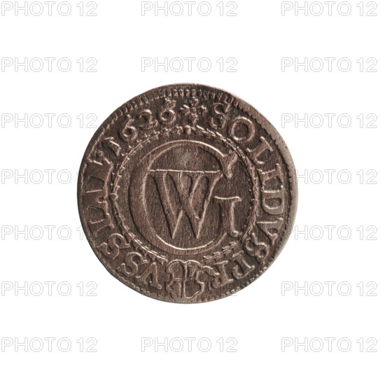 szelag by Ernest Pfahler. Obverse: Prussian eagle with crowned letter S on its chest; in the rim an inscription beginning with a heart: GEORG.WILH.MAR.BR.SRIEL. Reverse: monogram composed of the letters GW; in the rim an inscription beginning with a rosette, divided by the Hohenzollern coat of arms: SOLIDVS.PR - VSSIA .1626. Date: 1626. Place: Königsberg, Ducal Prussia (1525–1701). Type: coin (szelag). Material: (presumed silver). Diameter: 16.2 mm. Weight: 0.70 g. Axis: 0°.