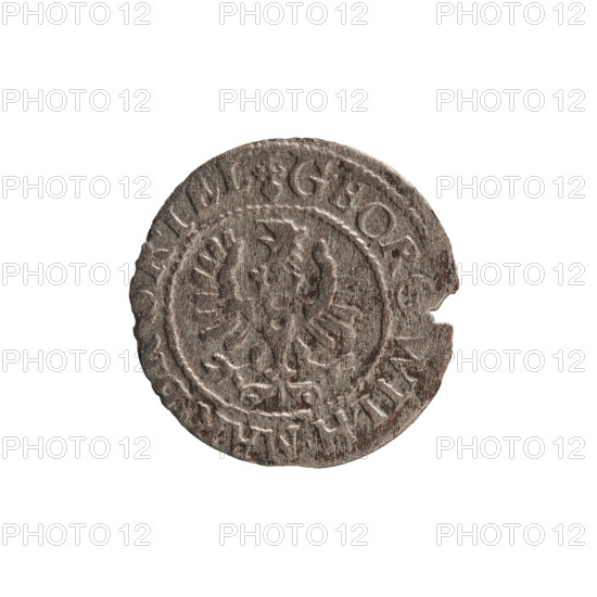 szelag, Ernest Pfahler, Prussian coin (szelag), 1627, Ducal Prussia (1525–1701), Königsberg. Obverse: Prussian eagle; on its chest the crowned letter S; in rim between borders an inscription beginning with a heart-shaped mark and the hallmark GEORG.WILH.MAR., .I.EL. Reverse: monogram composed of the letters GW; in rim between borders an inscription beginning with a rosette, divided by the Hohenzollern coat of arms, S.PR - VSSIAE. Diameter 15.8 mm; weight 0.44 g; axis 0°.