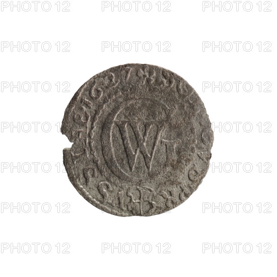 szelag, George William Hohenzollern (Elector of Brandenburg; Prince of Prussia; 1620–1640), Obv. Prussian eagle, on its chest the crowned letter S; in the rim between the borders an inscription beginning with a heart — GEORG.WILH.MAR., .I.EL. Rev. Monogram composed of the letters GW; in the rim between the borders an inscription beginning with a rosette, divided by the Hohenzollern coat of arms, S.PR-VSSIAE.1627; 1627; Ducal Prussia (1525–1701), Königsberg; coin; diameter 15.8 mm; weight 0.44 g; axis 0°