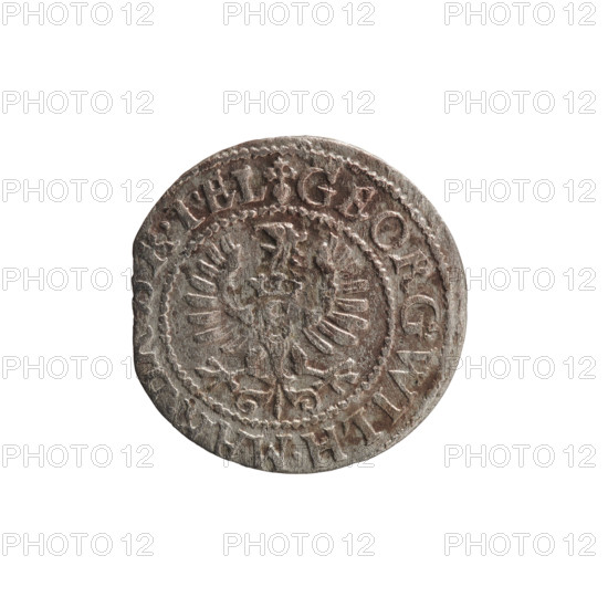 szelag; Obv.: Prussian eagle, on its chest a crowned letter S; rim inscription beginning with a heart - the hallmark GEORG.WILH.MAR., .RIEL.; Rev.: monogram composed of the letters GW; rim inscription beginning with a rosette, divided by the Hohenzollern coat of arms, S.PR - VSSIAE.1627; date 1627; maker/issuer George William Hohenzollern (Elector of Brandenburg; Duke of Prussia; 1620–1640); Ducal Prussia (1525–1701), Königsberg; motifs: eagles, Hohenzollern coat of arms, rosettes; coin; diameter 16.1 mm; weight 0.52 g; axis 0 degrees.