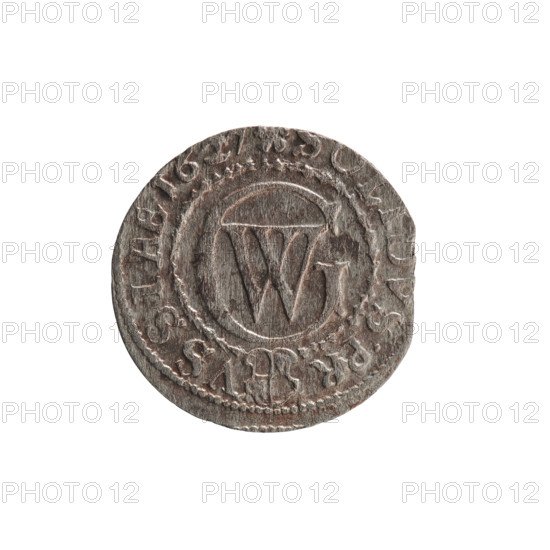 szelag; Ernest Pfahler; Department of Coins of Lands Associated with Poland — (remove collection info). Obverse: Prussian eagle, on its chest a crowned letter S; rim inscription beginning with a heart — GEORG.WILH.MAR., .RIEL. Reverse: monogram composed of the letters GW; rim inscription beginning with a rosette, divided by the Hohenzollern coat of arms — S.PR-VSSIAE.1627. Date: 1627. Attribution: George William Hohenzollern (Elector of Brandenburg; Duke of Prussia; 1620–1640). Place: Ducal Prussia, Königsberg. Type: coin (szelag). Material/measurements: diameter 16.1 mm, weight 0.52 g, axis 0°.