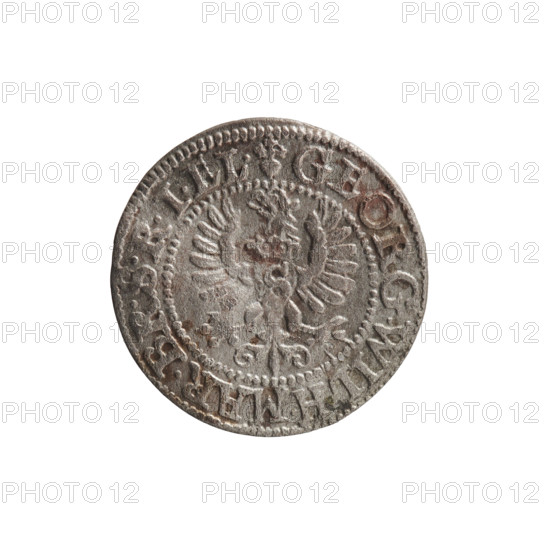 szelag, George William Hohenzollern (Elector of Brandenburg; Prince of Prussia; 1620–1640), obverse: Prussian eagle with crowned letter S on its chest; rim inscription beginning with a heart: GEORG.WILH.MAR.BR.SRIEL. reverse: monogram composed of the letters GW; rim inscription divided by the Hohenzollern coat of arms: SOLIDVS.PR - VSSIAE.1627; dated 1627; Ducal Prussia (1525–1701), Königsberg; coin; diameter 16.4 mm; weight 0.66 g; axis 0°