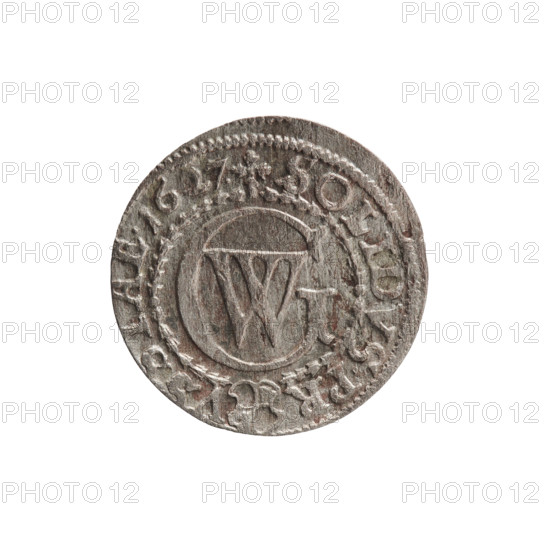 szelag by Ernest Pfahler; coin (Ducal Prussia, Königsberg), 1627. Obverse: Prussian eagle with crowned letter S on its chest; rim inscription beginning with a heart and reading GEORG.WILH.MAR.BR.SRIEL. Reverse: monogram composed of letters GW; rim inscription divided by the Hohenzollern coat of arms reading SOLIDVS.PR - VSSIAE. Features Hohenzollern coat of arms, eagles, and rosettes. Diameter 16.4 mm; weight 0.66 g; axis 0°.