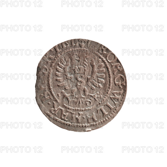 szelag, Pfahler, Ernest; George William Hohenzollern (Elector of Brandenburg; Prince of Prussia; 1620–1640); Obv. Prussian eagle, on its chest a crowned letter S; in the rim between the borders an inscription beginning with a heart - GEORG.WILH.MAR.BR.; reverse monogram composed of the letters GW; in the rim between the borders an inscription beginning with a rosette, divided by the Hohenzollern coat of arms S, .PR - VSSIAE.1627; 1627; Ducal Prussia (1525–1701), Königsberg; coin; diameter 16.1 mm; weight 0.71 g; axis 0 degrees.