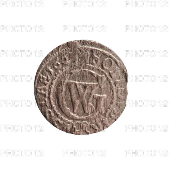 szelag; Ernest Pfahler; obverse: Prussian eagle with a crowned letter S on its chest; rim inscription beginning with a heart: GEORG.WILH.MAR.BR.; reverse: monogram composed of the letters GW; rim inscription beginning with a rosette, divided by the Hohenzollern coat of arms: S. PR - VSSIAE.1627; date: 1627; Duchy of Prussia (1525–1701), Königsberg; Hohenzollern (coat of arms), eagles, rosettes; coin; diameter 16.1 mm; weight 0.71 g; axis 0°