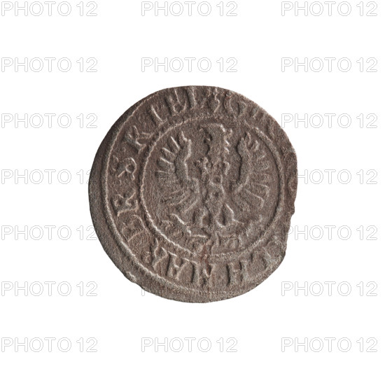 szelag, Pfahler, Ernest, George William Hohenzollern (Elector of Brandenburg; Prince of Prussia; 1620–1640), eagles, Hohenzollern (coat of arms), rosettes. Obverse: Prussian eagle, on its chest a crowned letter S; in the rim between the borders an inscription beginning with a heart - the hallmark G, LH.MAR.BR.SRIEL. Reverse: monogram composed of the letters GW; in the rim between the borders an inscription beginning with a rosette, divided by the Hohenzollern coat of arms SOLIDVS.PR - VSS, 27, 1627. Ducal Prussia (1525–1701), Königsberg; coin, diameter 16.0 mm, weight 0.46 g, axis 0°.