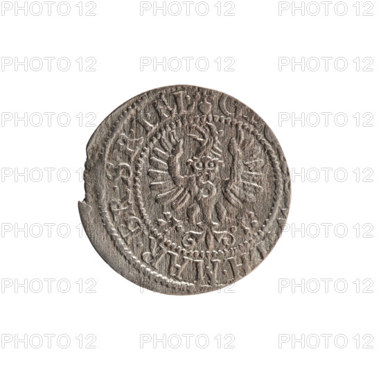 szelag; Obv.: Prussian eagle with crowned letter S on its chest; rim inscription beginning with a heart hallmark: H.MAR.BR.SRIEL. Rev.: monogram composed of the letters GW; rim inscription beginning with a rosette, divided by the Hohenzollern coat of arms: SOLIDVS.PR - VSSIAE.1627. Hohenzollern (coat of arms), eagles, rosettes. Maker: George William Hohenzollern (Elector of Brandenburg; Prince of Prussia; 1620–1640). Date: 1627. Place: Ducal Prussia, Königsberg. Coin; diameter 15.9 mm; weight 0.57 g; axis 0°.