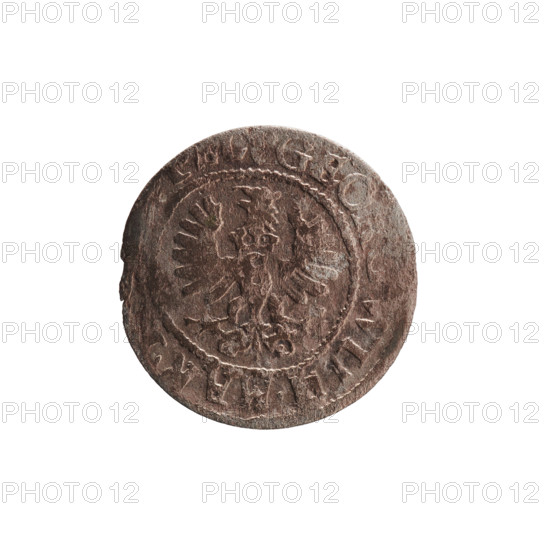 szelag, George William Hohenzollern (Elector of Brandenburg; Prince of Prussia; 1620–1640), Obv.: Prussian eagle with crowned letter S on its chest; rim inscription beginning with a heart - the hallmark GEO, H.MAR., .I.EL. Rev.: monogram composed of the letters GW; rim inscription beginning with a rosette, divided by the Hohenzollern coat of arms, PR - VS, 627, 1627. Ducal Prussia (1525–1701), Königsberg. Coin: diameter 16.1 mm, weight 0.55 g, axis 0°