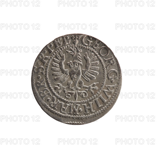 szelag; Ernest Pfahler; George William Hohenzollern (Elector of Brandenburg; Prince of Prussia; 1620–1640); Obverse: Prussian eagle bearing on its chest the crowned letter S; rim inscription beginning with a heart: GEORG.WILH.MAR.BR.SRIEL.; Reverse: monogram composed of the letters GW; rim inscription beginning with a rosette, divided by the Hohenzollern coat of arms: SOLIDVS.PR - VSSIAE.1627; date 1627; Ducal Prussia (1525–1701), Königsberg; coin; diameter 16.3 mm; weight 0.59 g; axis 0 degrees.