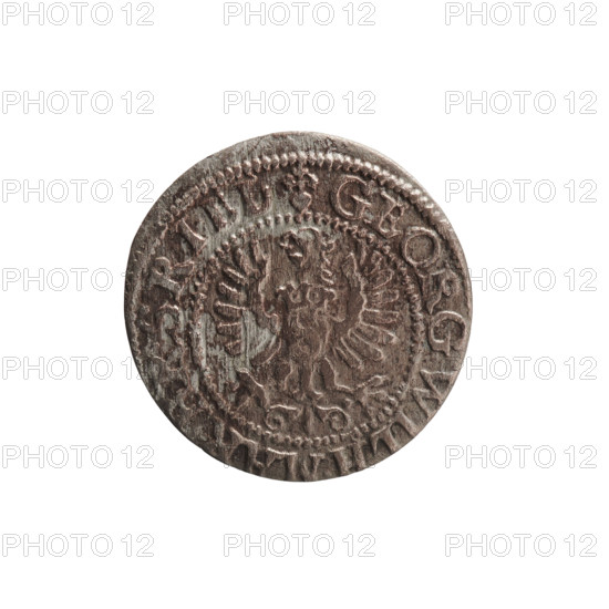 szelag, Pfahler, Ernest, George William Hohenzollern (Elector of Brandenburg; Prince of Prussia; 1620-1640), eagles, Hohenzollern (coat of arms), rosettes. Obv.: Prussian eagle, on its chest a crowned letter S; in the rim between the borders an inscription beginning with a heart — GEORG.WILH.MAR.BR.SRI. Rev.: Monogram composed of the letters GW; in the rim between the borders an inscription divided by the Hohenzollern coat of arms +SOLIDVS.PR - VSSIAE.1627. 1627. Ducal Prussia (1525–1701), Königsberg. Coin: diameter 16.3 mm, weight 0.57 g, axis 0°.