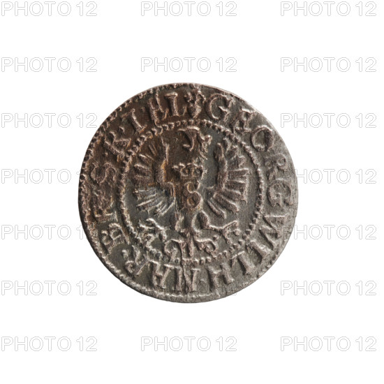 szelag (1627), silver coin (diameter 16.4 mm, weight 0.65 g, axis 0°) from Ducal Prussia (Königsberg). Obverse: Prussian eagle with crowned letter S on its chest; rim inscription beginning with a heart: GEORG.WILH.MAR.BR.SRIEL. Reverse: monogram composed of the letters GW; rim inscription beginning with a rosette, divided by the Hohenzollern coat of arms: SOLIDVS.PR — VS. Features eagles, rosettes, Hohenzollern coat of arms; date 1627.