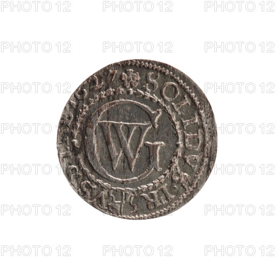 szelag; Ernest Pfahler; George William Hohenzollern (Elector of Brandenburg; Prince of Prussia; 1620–1640); 1627; Ducal Prussia (1525–1701), Königsberg; coin (szelag), diameter 16.4 mm, weight 0.65 g, axis 0°. WQXBCFS
I:\nmw crop ready cleaned\Obverse: Prussian eagle, on its chest the crowned letter S; in the rim between the borders an inscription beginning with a heart: GEORG.WILH.MAR.BR.SRIEL. WQXBCFS
I:\nmw crop ready cleaned\Reverse: Monogram composed of the letters GW; in the rim between the borders an inscription beginning with a rosette, divided by the Hohenzollern coat of arms: SOLIDVS.PR; mintmark 627.