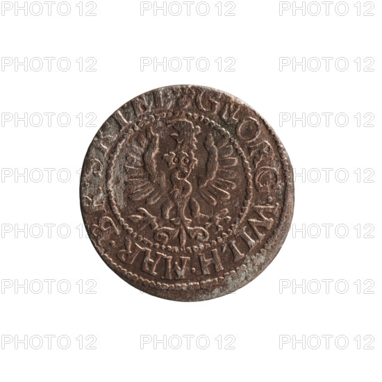 szelag, Ernest Pfahler; obverse: Prussian eagle with crowned letter S on its chest; rim inscription beginning with a heart - GEORG.WILH.MA; reverse: monogram composed of the letters GW; rim inscription beginning with a rosette, divided by the Hohenzollern coat of arms, PR - VSSIAE.1627; dated 1627; Ducal Prussia (1525–1701), Königsberg; Hohenzollern (coat of arms), eagles, rosettes; coin: diameter 16.2 mm, weight 0.66 g, axis 0°.