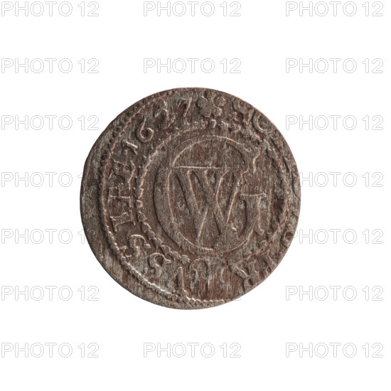 szelag, Pfahler, Ernest; obverse: Prussian eagle with crowned letter S on its chest; rim inscription beginning with a heart - GEORG.WILH.MA; reverse: monogram composed of the letters GW; rim inscription beginning with a rosette, divided by the Hohenzollern coat of arms, PR - VSSIAE.1627; 1627; Ducal Prussia (1525–1701), Königsberg; coin; diameter 16.2 mm; weight 0.66 g; axis 0°.