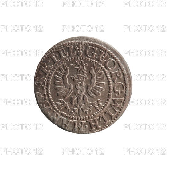 szelag; maker: Pfahler, Ernest. Obverse: Prussian eagle with crowned letter S on its chest; in the rim between the borders an inscription beginning with a heart: GEORG.WILH.MAR.BR.SRIEL. Reverse: monogram composed of the letters GW; in the rim between the borders an inscription beginning with a rosette, divided by the Hohenzollern coat of arms: SOLIDVS.PR - VSSIAE.1627. Date: 1627. Issuer: George William Hohenzollern (Elector of Brandenburg; Prince of Prussia, 1620–1640). Region: Ducal Prussia (1525–1701), Königsberg. Type: coin (szelag). Diameter 16.3 mm; weight 0.77 g; axis 0°.
