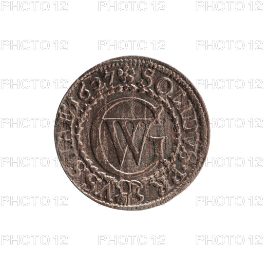 szelag (coin), maker: Pfahler, Ernest; material: coin (silver); subject/style: eagles, rosettes, Hohenzollern (coat of arms); obverse: Prussian eagle with crowned letter S on its chest; obverse rim inscription beginning with a heart: GEORG.WILH.MAR.BR.SRIEL.; reverse: monogram composed of the letters GW; reverse rim inscription beginning with a rosette, divided by the Hohenzollern coat of arms: SOLIDVS.PR - VSSIAE.1627; date: 1627; place: Ducal Prussia, Königsberg; dimensions: diameter 16.3 mm, weight 0.77 g, axis 0 degrees.