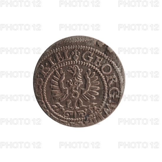 szelag; obverse: Prussian eagle with crowned letter S on its chest; rim inscription beginning with a heart and the hallmark GEOR, .RIEL.; reverse: monogram composed of the letters GW; rim inscription beginning with a rosette, divided by the Hohenzollern coat of arms: SO, DVS.PR - VSSIAE.1627; maker: George William Hohenzollern (Elector of Brandenburg; Prince of Prussia; 1620–1640); date: 1627; place: Ducal Prussia, Königsberg; motifs: eagles, Hohenzollern coat of arms, rosettes; coin type: szelag (coin); dimensions: diameter 16.2 mm, weight 0.71 g, axis 0°