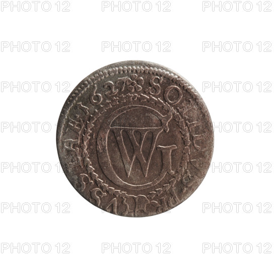 szelag; obverse: Prussian eagle with crowned letter S on its chest; rim inscription beginning with a heart — the hallmark GEOR, .RIEL.; reverse: monogram composed of letters GW; rim inscription beginning with a rosette, divided by the Hohenzollern coat of arms SO, DVS.PR - VSSIAE.1627; Hohenzollern (coat of arms); eagles; rosettes; George William Hohenzollern (Elector of Brandenburg; Prince of Prussia; 1620–1640); dated 1627; Ducal Prussia (1525–1701), Königsberg; coin (szelag), diameter 16.2 mm, weight 0.71 g, axis 0°.