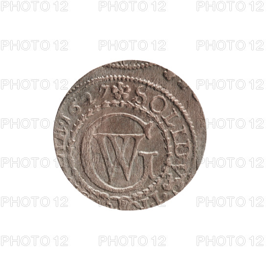 szelag; Obv.: Prussian eagle with crowned letter S on its chest; rim inscription beginning with a heart: GEORG.WILH.MAR.BR.SRIEL; Rev.: monogram composed of the letters GW; rim inscription beginning with a rosette, divided by the Hohenzollern coat of arms: SOLIDVS. 1627; maker: George William Hohenzollern (Elector of Brandenburg; Prince of Prussia; 1620–1640); motifs: eagles, Hohenzollern coat of arms, rosettes; Duchy: Ducal Prussia (1525–1701), Königsberg; coin, diameter 16.1 mm, weight 0.60 g, axis 0°.