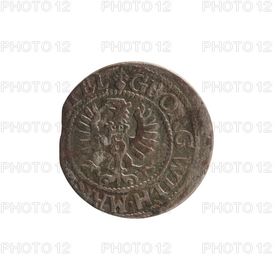 szelag, Ernest Pfahler, Prussian coin (1627). Obverse: Prussian eagle with a crowned letter S on its chest; rim inscription beginning with a heart hallmark and reading GEO, WILH.MAR.; reverse: monogram composed of the letters GW and rim inscription beginning with a rosette, divided by the Hohenzollern coat of arms, reading S, PR - VSS, 7, 1627. Hohenzollern coat of arms and rosettes; Ducal Prussia (1525–1701), Königsberg. Coin: diameter 15.7 mm, weight 0.58 g, axis 0°.