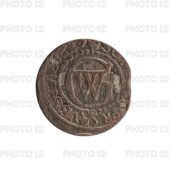 szelag, George William Hohenzollern (Elector of Brandenburg; Prince of Prussia; 1620–1640), Obv. Prussian eagle, on its chest a crowned letter S; rim inscription beginning with a heart - the hallmark, GEO, WILH. MAR.; Rv. monogram composed of the letters GW; rim inscription beginning with a rosette, divided by the Hohenzollern coat of arms: S, PR - VSS, 7, 1627. Ducal Prussia (1525–1701), Königsberg; coin: diameter 15.7 mm, weight 0.58 g, axis 0°.