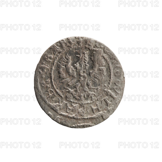 szelag, obverse: Prussian eagle with crowned letter S on its chest; rim inscription beginning with a heart hallmark and reading G.WILH., AR.BR., .R.; reverse: monogram composed of the letters GW and rim inscription beginning with a rosette, divided by the Hohenzollern coat of arms SOLIDVS.PR - VSSIAE.1627. Maker: Pfahler, Ernest. Date: 1627. Place: Ducal Prussia (1525–1701), Königsberg. Attributes: eagles, Hohenzollern coat of arms, rosettes. Medium/object: coin (szelag). Dimensions: diameter 16.0 mm, weight 0.47 g, axis 0°.