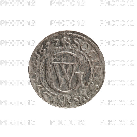 Szelag (coin), maker: Pfahler, Ernest; Obverse: Prussian eagle with crowned letter 'S' on its chest; Reverse: monogram composed of the letters 'GW' and Hohenzollern coat of arms; Inscriptions: obverse rim inscription beginning with a heart — hallmark, G.WILH., AR.BR., .R.; reverse rim inscription beginning with a rosette, divided by Hohenzollern coat of arms: 'SOLIDVS.PR - VSSIAE.1627'; Date: 1627; Place: Ducal Prussia, Königsberg (1525–1701); Materials/style: coin, eagles, rosettes; Dimensions: diameter 16.0 mm, weight 0.47 g, axis 0°.
