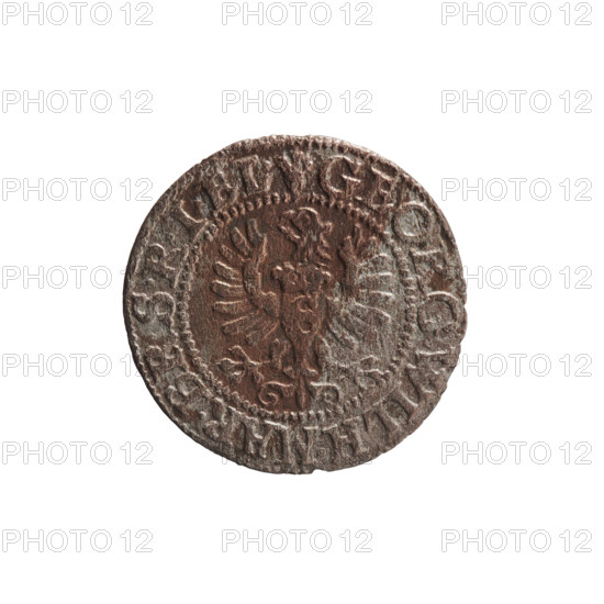 szelag, Pfahler, Ernest, cross (iconographic), eagles, George William Hohenzollern (Elector of Brandenburg; Duke of Prussia; 1620-1640), Hohenzollern (coat of arms). Obverse: Prussian eagle, on its chest a crowned letter S; in the rim between the borders an inscription beginning with a heart — GEORG.WILH.MAR.BR.SRIEL. Reverse: monogram composed of the letters GW; in the rim between the borders an inscription beginning with a decorative cross, divided by the Hohenzollern coat of arms — SOLIDVS.PR-VSSIAE.1627. Date: 1627. Place: Ducal Prussia (1525–1701), Königsberg. Object: coin (szelag); diameter 16.2 mm, weight 0.55 g, axis 0 degrees.