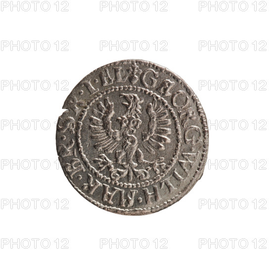 szelag; maker: Ernest Pfahler; coin (szelag), Ducal Prussia (1525–1701), Königsberg, 1627; obverse: Prussian eagle with crowned letter S on its chest; in rim between borders an inscription beginning with a heart: GEORG.WILH.MAR.BR.S, RIEL.; reverse: monogram composed of letters GW; in rim between borders an inscription beginning with a rosette, divided by the Hohenzollern coat of arms: SO, PR - VSSIAE.1627; motifs: eagles, rosettes, Hohenzollern (coat of arms); diameter 16.3 mm; weight 0.61 g; axis 0°.