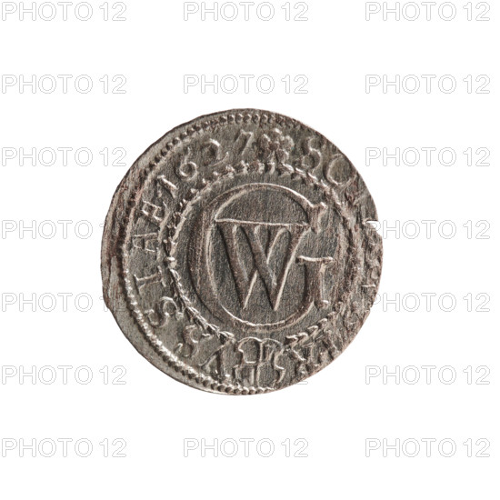 szelag, Pfahler, Ernest; George William Hohenzollern (Elector of Brandenburg; Prince of Prussia; 1620–1640); Ducal Prussia (1525–1701), Königsberg; 1627; coin (szelag), diameter 16.3 mm, weight 0.61 g, axis 0°. Obverse: Prussian eagle, on its chest the crowned letter S; in rim between borders an inscription beginning with a heart and reading GEORG.WILH.MAR.BR.S, RIEL. Reverse: monogram composed of the letters GW; in rim between borders an inscription beginning with a rosette, divided by the Hohenzollern coat of arms SO, PR - VSSIAE.