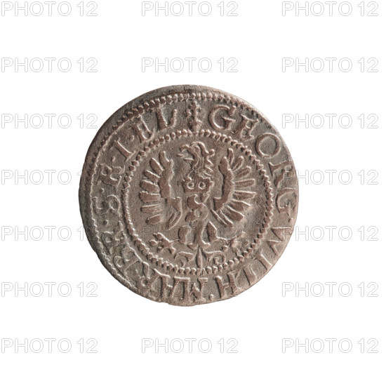 szelag; maker: Pfahler, Ernest; subject: George William Hohenzollern (Elector of Brandenburg; Prince of Prussia; 1620–1640); motifs: eagles, Hohenzollern coat of arms, rosettes; obverse: Prussian eagle, on its chest a crowned letter S; rim inscription beginning with a heart: GEORG.WILH.MAR.BR.SRIEL.; reverse: monogram composed of the letters GW; rim inscription beginning with a rosette, divided by the Hohenzollern coat of arms: SOLIDVS.PR -; date: 1627; place: Ducal Prussia, Königsberg; object type: coin (szelag); diameter 16.3 mm; weight 0.49 g; axis 0 degrees.