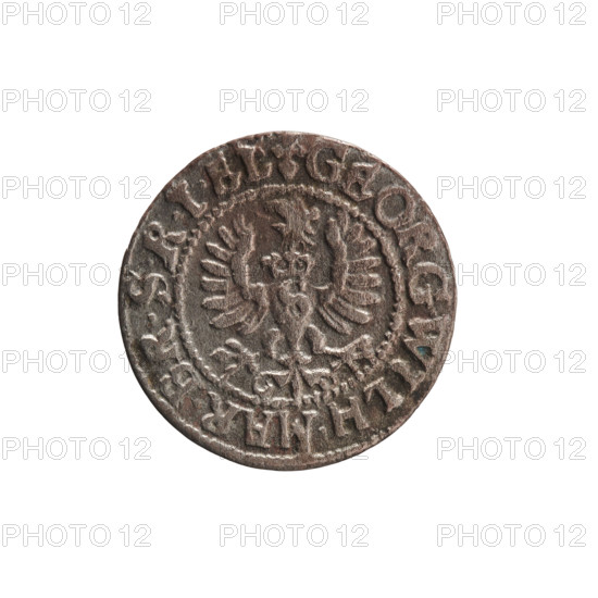 szelag; Obv. Prussian eagle, on its chest the crowned letter S; in the rim between the borders an inscription beginning with a heart — GEORG.WILH.MAR.BR.SRIEL; Rv. Monogram composed of the letters GW; in the rim between the borders an inscription beginning with a rosette, divided by the Hohenzollern coat of arms — SOLIDVS.PR — VSSIAE; George William Hohenzollern (Elector of Brandenburg; Prince of Prussia; 1620–1640); 1627; Ducal Prussia (1525–1701), Königsberg; coin; diameter 16.0 mm; weight 0.54 g; axis 0°.