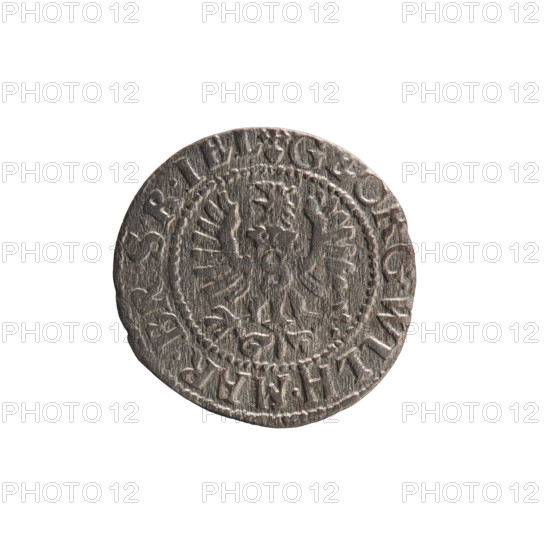 szelag, Pfahler, Ernest, George William Hohenzollern (Elector of Brandenburg; Prince of Prussia; 1620-1640), eagles, Hohenzollern (coat of arms), rosettes. Obverse: Prussian eagle, on its chest a crowned letter S; in the rim between borders an inscription beginning with a heart — GEORG.WILH.MAR.BR.SRIEL. Reverse: monogram composed of the letters GW; in the rim between borders an inscription beginning with a rosette, divided by the Hohenzollern coat of arms SOLIDV - VSSIAE. 1627. Ducal Prussia (1525–1701), Königsberg. Coin; diameter 15.9 mm, weight 0.52 g, axis 0°.